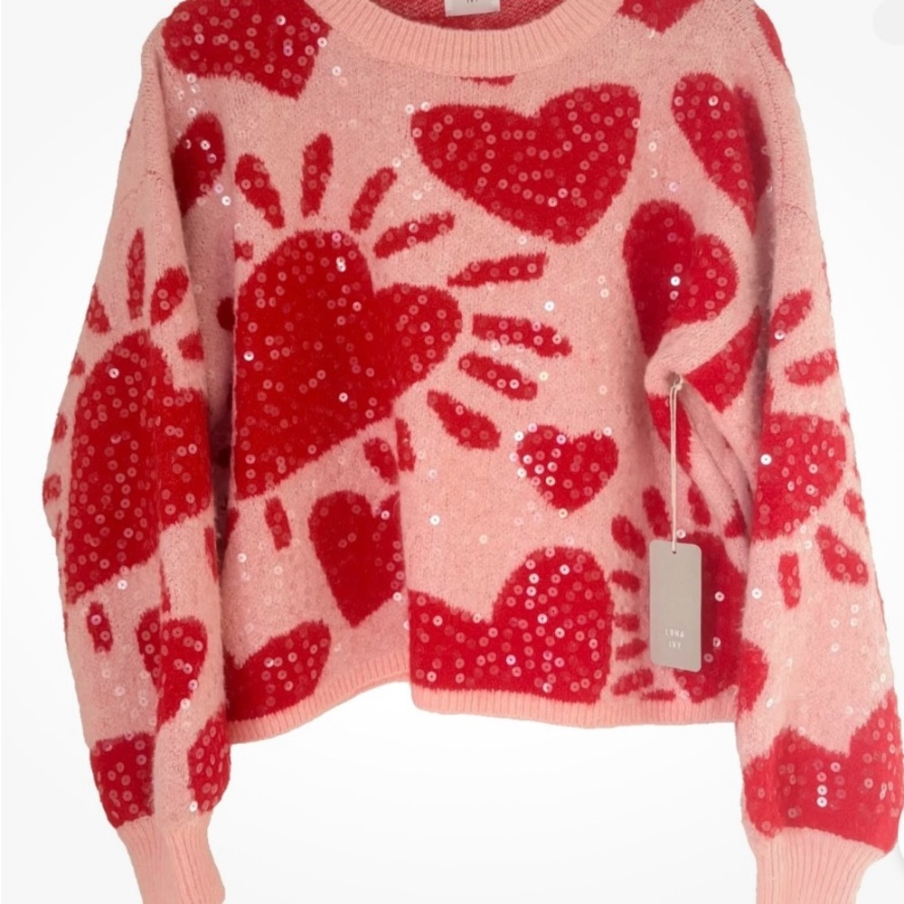 Women's Pink & Red Heart Sequin Crewneck Sweater